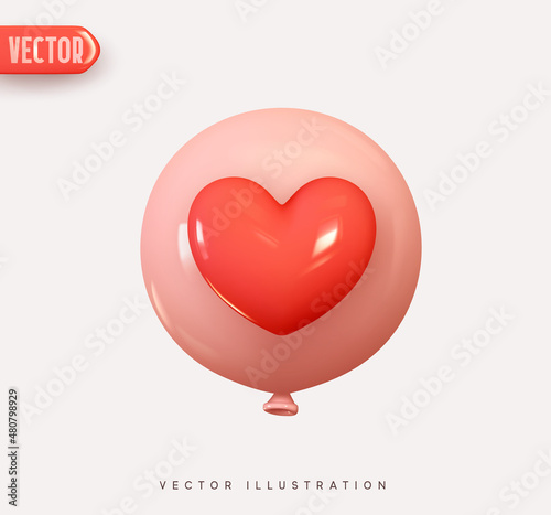 Pink round helium balloon with red heart. Vector illustration