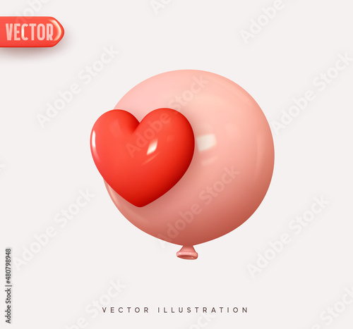 Pink round helium balloon with red heart. Vector illustration