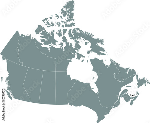 Black flat blank highlighted locator administrative map of the Canadian province of PRINCE EDWARD ISLAND inside gray flat map of CANADA
