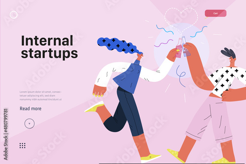 Startup illustration, website landing template Flat line vector modern concept illustration, startup metaphor. Concept of building new business, strategy, company processes. Internal startups
