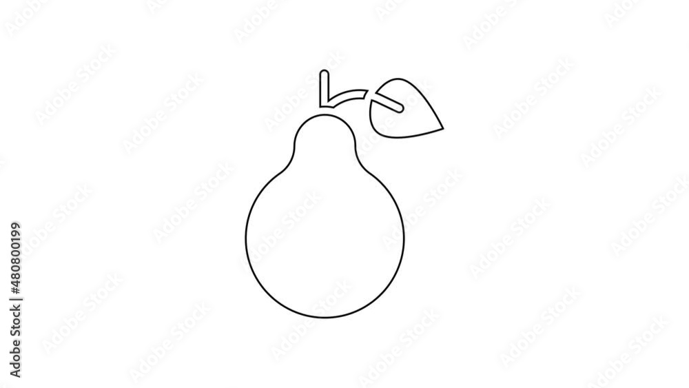 Black line Pear icon isolated on white background. Fruit with leaf symbol. 4K Video motion graphic animation Black line Pear icon isolated on white background. Fruit with leaf symbol. 4K Video motion graphic animation