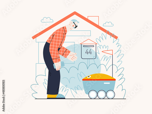Technology Memphis - autonomous delivery -modern flat vector concept digital illustration of an elderly man inviting a last mile robot delivery truck. Creative landing web page illustration