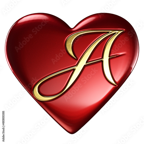 Heart, red glossy, gold letter A embedded