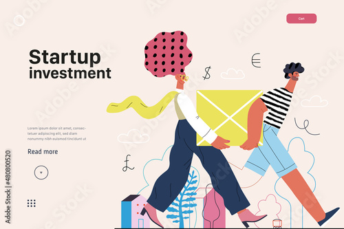 Startup illustration, website landing template Flat line vector modern concept illustration, startup metaphor. Concept of building new business, strategy, company processes. Startup investment