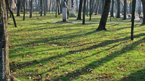 View of Copou Park in Iasi, Romania. Monuments, paths, bare trees, green grass photo