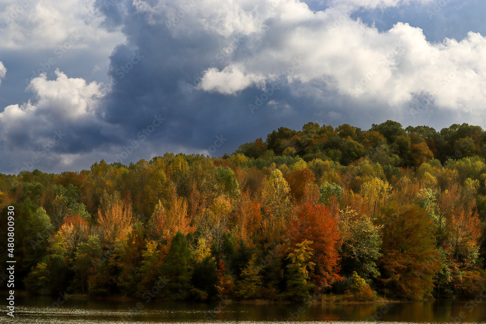 Stunning, fall foliage framed by a beautiful lake below and storm clouds above.