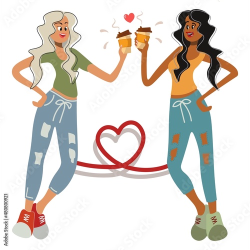 Girlfriends or mistresses drink coffee. Modern ladies with paper cups prefer coffee. Teenagers celebrate the holiday. The concept of a healthy lifestyle, the refusal of alcohol, vector. Card, banner.