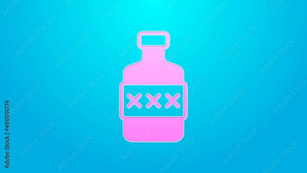 Pink line Whiskey bottle icon isolated on blue background. 4K Video motion graphic animation Pink line Whiskey bottle icon isolated on blue background. 4K Video motion graphic animation