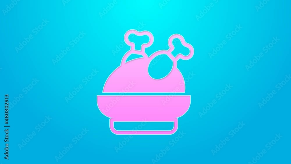 Pink line Roasted turkey or chicken icon isolated on blue background. 4K Video motion graphic animation Pink line Roasted turkey or chicken icon isolated on blue background. 4K Video motion graphic animation