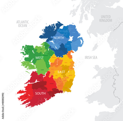 Map of the Ireland with administrative divisions of the country into provinces and counties, detailed vector illustration