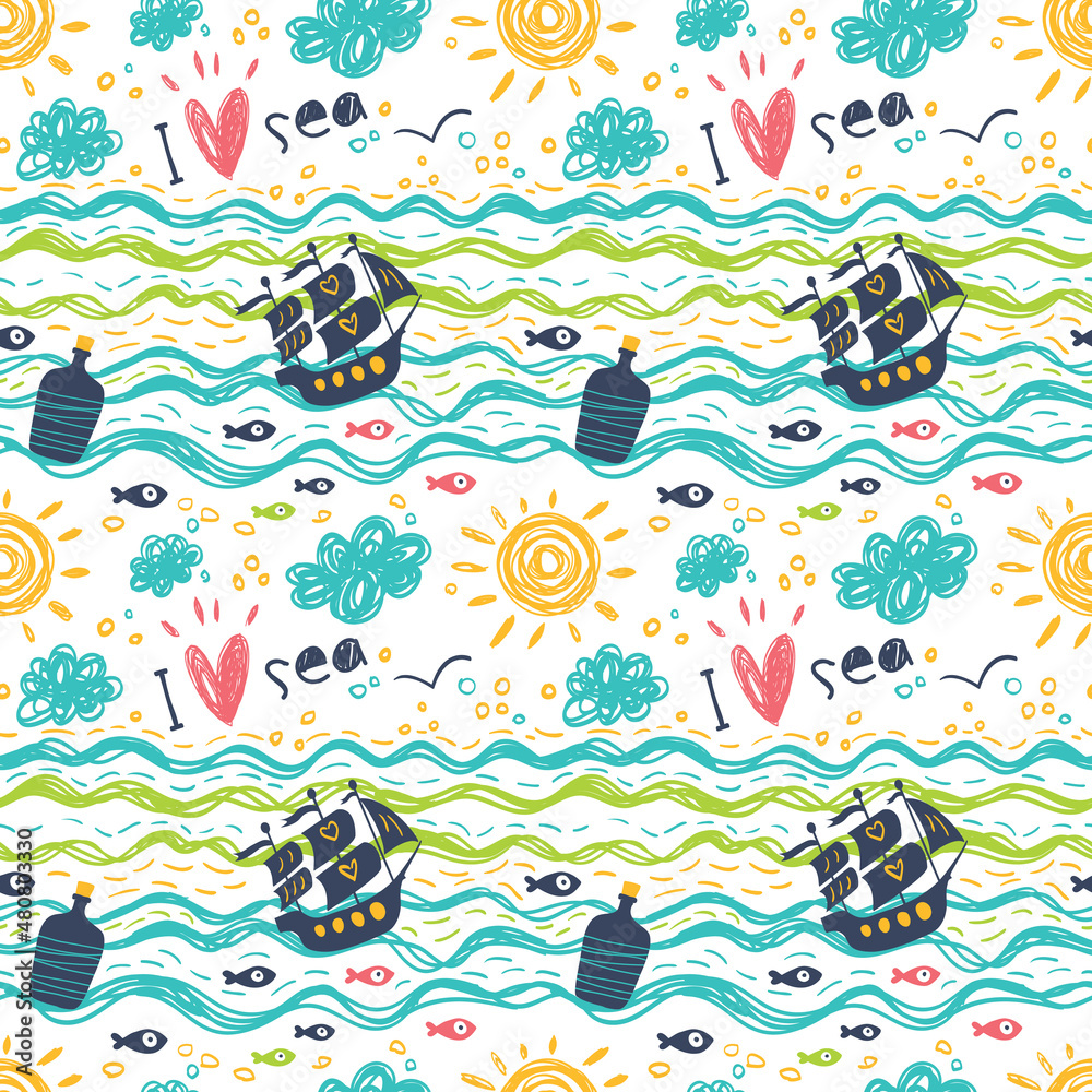  Seamless pattern in the concept of children's drawings. Seamless pattern with ships, fish, sun, clouds, sea and waves.


