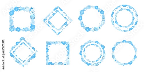 Floral wreath set, blue rectangular and round doodle frames, made of flower, star, cloud shapes. Copy space hand-drawn design elements in shades of blue