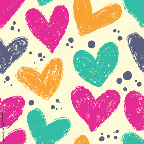Retro style. Seamless pattern with hand drawn heart. Hearts painted dry brush. Ink illustration. 