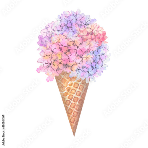 Hydrangea flowers in a waffle cone on a white background. Hand drawn watercolor illustration.