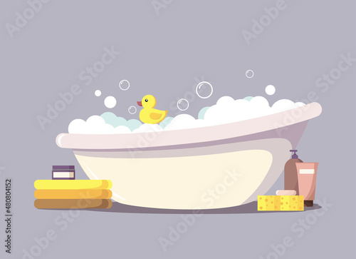Baby bath with foam, soap bubbles and yellow rubber duck. Cozy bathroom with towels, shampoo, cream, washcloth and soap. The concept of bathing and cleanliness. Stock vector illustration in flat style
