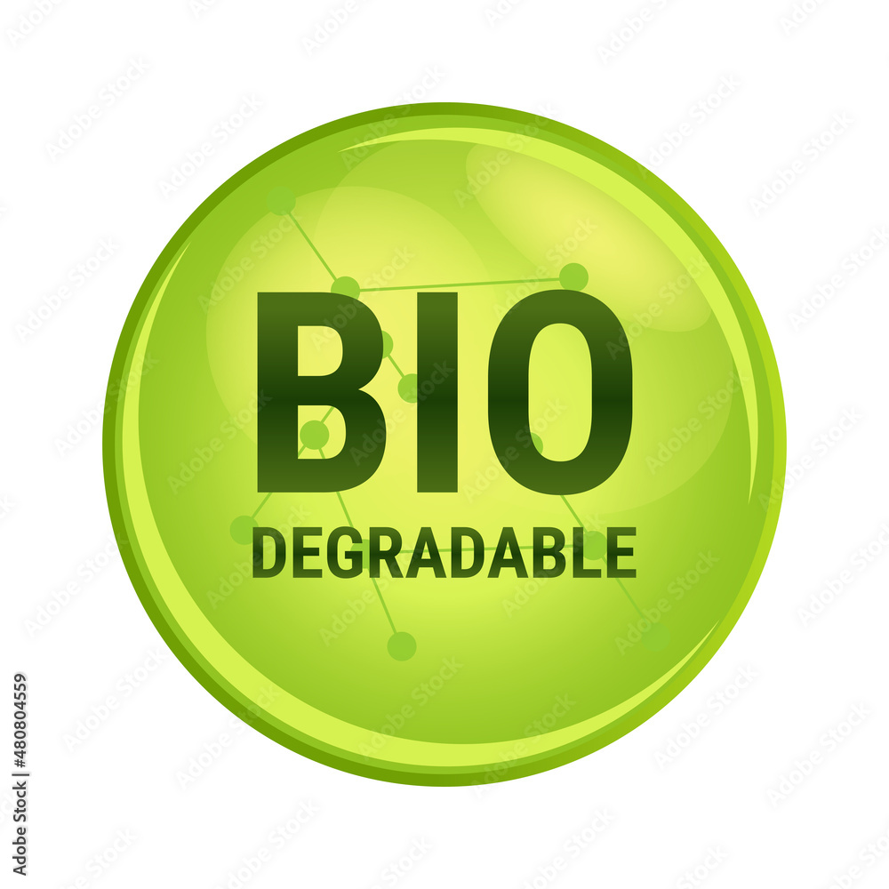Vector biodegradable or bio degradable green round sign or icon. Biological degradation of organic materials by living organisms isolated on white. Breakdown of organic matter by microorganisms. Vector biodegradable or bio degradable green round sign or icon. Biological degradation of organic materials by living organisms isolated on white. Breakdown of organic matter by microorganisms.
