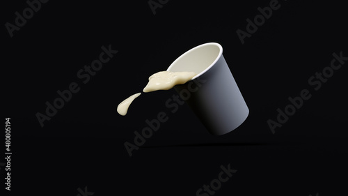 splash of milk in a falling white glass, sloshing out of a glass, black background, source or template, motion moment, 3d rendering