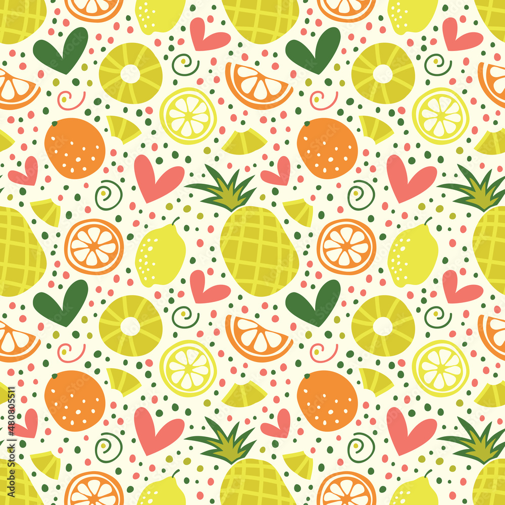 Fototapeta premium Seamless pattern with pineapples, oranges, lemons and hearts.