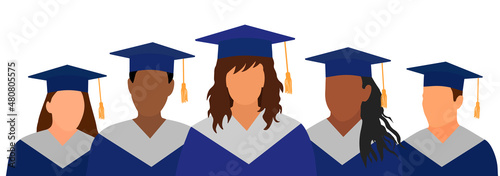 Graduates in mantles and graduation caps stand behind each other. Graduation ceremony. Vector illustration