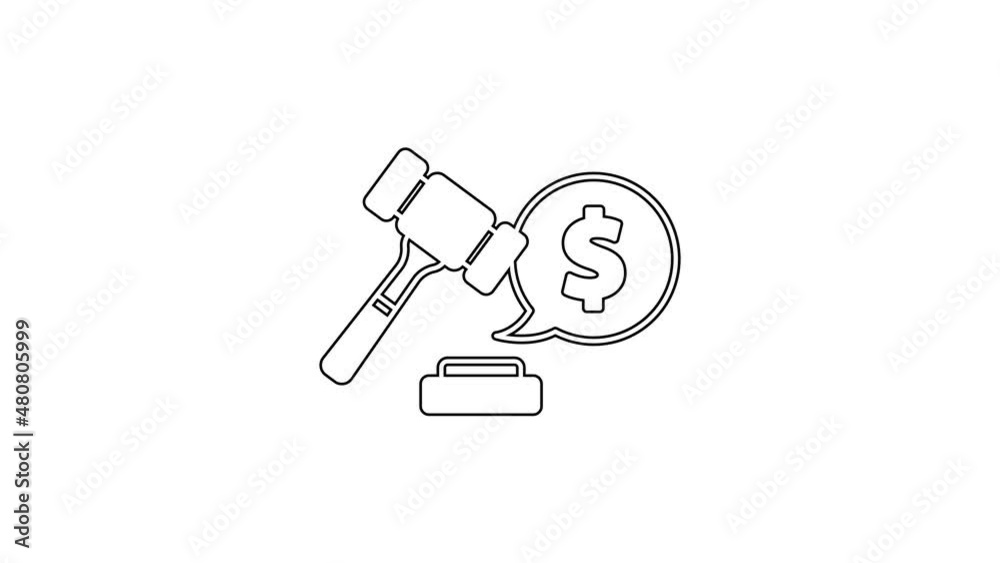 Black line Auction hammer price icon isolated on white background. Gavel - hammer of judge or auctioneer. Bidding process, deal done. Auction bidding. 4K Video motion graphic animation Black line Auction hammer price icon isolated on white background. Gavel - hammer of judge or auctioneer. Bidding process, deal done. Auction bidding. 4K Video motion graphic animation