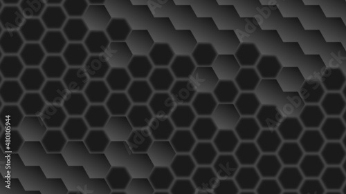 Technological vector background with a geometric hexagonal pattern in shades of black and gray.