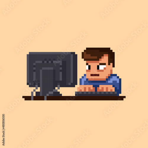 Pixel art tired male character sitting in front of computer display working on light background, 8 bit retro cartoon vector illustration