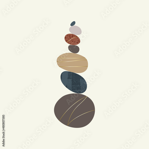 Wellness balance pebble stone harmony vector Illustration. Simplicity calm and zen of cairn rock shape. Simple poise tower. Circle color stones with gold grunge texture. Poster, card, print design