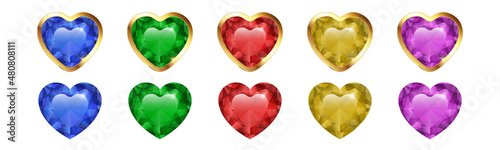 Vector Diamond heart icon set for Valentine's day, holiday, birthday gift. Faceted ruby, jewel gem in the shape of heart