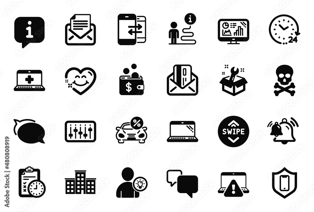 Vector Set of Technology icons related to Chemical hazard, Online warning and Company icons. Smartphone protection, 24 hours and Dj controller signs. Info bubble, journey path. Vector