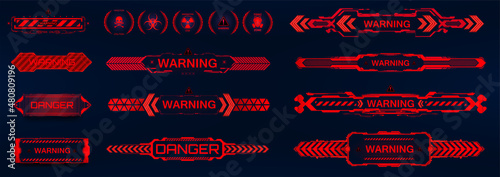 Futuristic warning signs in HUD interface style. Red notification - warning and danger for game UI, UX, GUI. Futuristic sci-fi callout headings, infobox panels, pop up, infobox. HUD vector elements photo