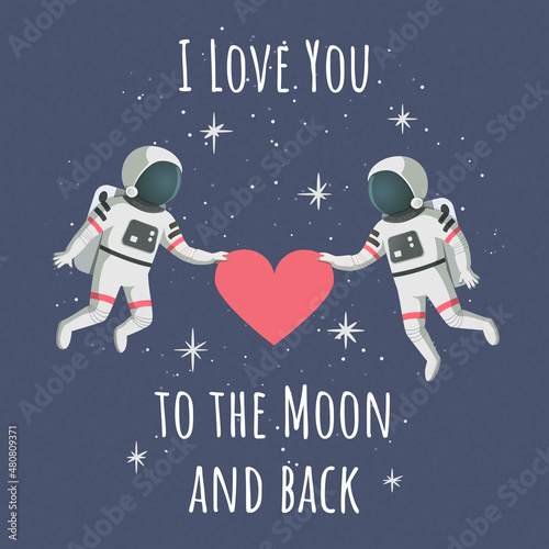 Valentine's day card template. Couple of astronauts holding a heart. Cartoon vector illustration. © Tatiana Zhzhenova