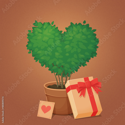 Heart shaped shrub with a present. Decorative plant in a pot. Valentine's day card template. Vector illustration. Love, gratitude, romance symbol. Topiary design.
