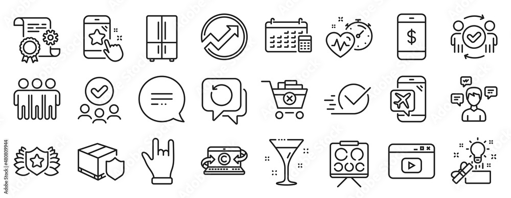 Set of Business icons, such as Recovery data, Audit, Calendar icons. Laureate, Conversation messages, Cardio training signs. Friendship, Horns hand, Approved teamwork. Video content. Vector