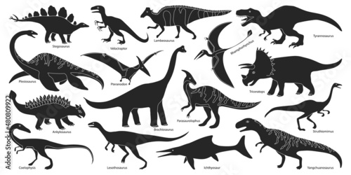Fototapeta Naklejka Na Ścianę i Meble -  Dinosaur isolated black set icon. Vector black set icon dino animal. Vector illustration dinosaur on white background.