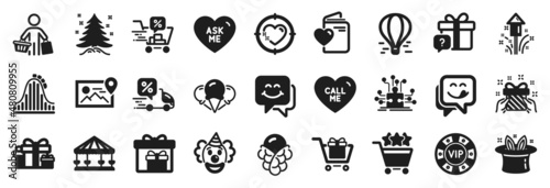Set of Holidays icons, such as Ask me, Smile face, Holiday presents icons. Discounts cart, Christmas tree, Puzzle options signs. Roller coaster, Yummy smile, Hat-trick. Delivery discount. Vector