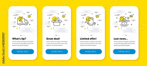 Vector set of Flights application, Car service and Packing boxes line icons set. UI phone app screens with line icons. Ship travel icon. Airport app, Repair service, Delivery box. Vector