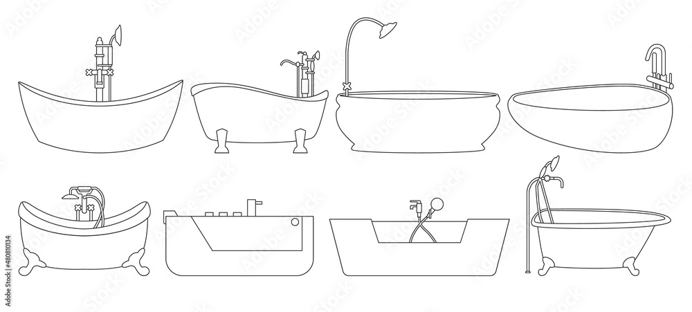 Bath vector outline set icon. Isolated outline set icon bathtub.Vector illustration bath on white background.