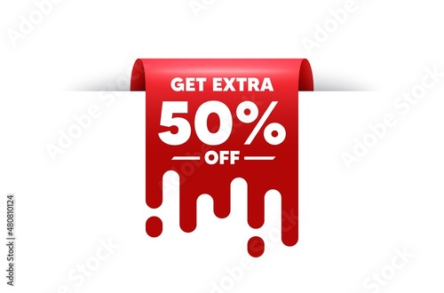 Get Extra 50 percent off Sale. Red ribbon tag banner. Discount offer price sign. Special offer symbol. Save 50 percentages. Extra discount sticker ribbon badge banner. Red sale label. Vector