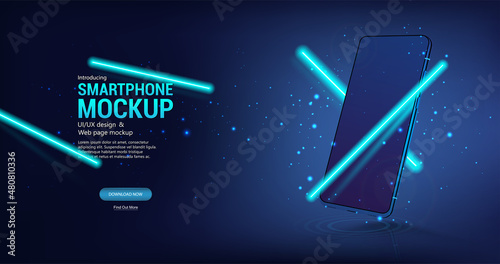 Futuristic blue Mobile Phone Mockup with Neon Lines. Concept future. Realistic 3D smartphone with blank screen. Presentation Cell Phone for App demonstration. Smartphone 3D. Vector mockup device