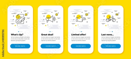Vector set of Click hand, Voting ballot and Megaphone line icons set. UI phone app screens with line icons. Bicycle icon. Direction finger, Vote document, Advertisement. Bike. Phone UI banners. Vector