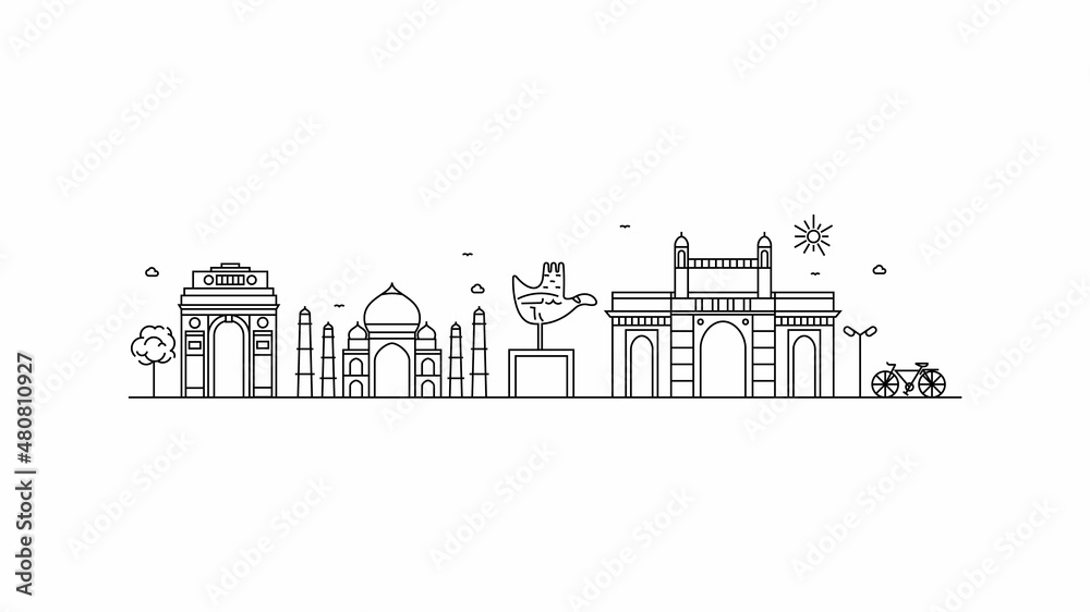  Happy republic day cover page design template New Delhi skyline India city buildings vector line 