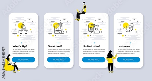 Vector Set of People icons related to Presentation, Work home and Search employee icons. UI phone app screens with people. Check eye line symbols. Education board, Freelance work, Cv warning. Vector