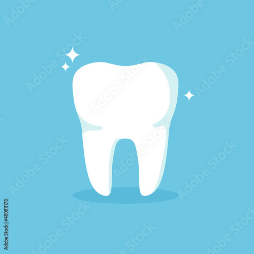White tooth vector icon isolated on blue background. Oral hygiene, teeth cleaning. Dental health concept.