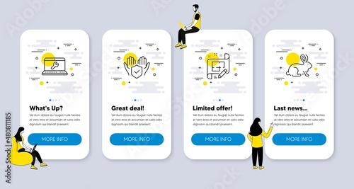 Vector Set of Business icons related to Insurance hand, Architect plan and Laptop repair icons. UI phone app screens with people. Animal tested line symbols. Vector