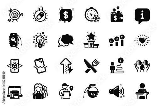 Fototapeta Naklejka Na Ścianę i Meble -  Vector Set of Business icons related to Augmented reality, Marketplace and Idea icons. Delivery man, Target and Freezing timer signs. Customer satisfaction, Safe water and Election candidate. Vector
