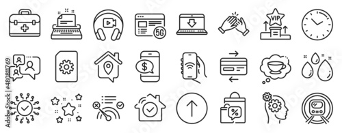 Set of Business icons, such as Support chat, Sale bags, Typewriter icons. Credit card, Metro subway, No internet signs. Work home, Headphones, Time. House security, Phone payment, Swipe up. Vector