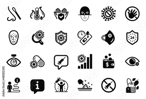 Vector Set of Medical icons related to Coronavirus protection, Coronavirus pills and Eye laser icons. Mint bag, Medical mask and Insurance hand signs. Info bubble, journey path. Vector