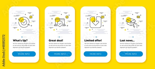 Vector set of Laptop insurance, Security confirmed and Load document line icons set. UI phone app screens with line icons. Hold box icon. Full coverage, All day protection, Download arrowhead. Vector