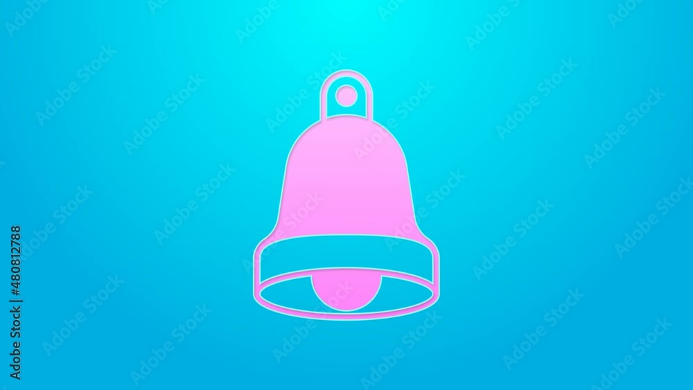 Pink line Church bell icon isolated on blue background. Alarm symbol, service bell, handbell sign, notification symbol. 4K Video motion graphic animation