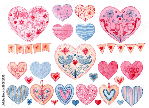 Collection of hearts painted in watercolor and isolated on a white background. Love symbol pink, beige and blue hearts, birds, flags, ornaments, watercolor illustration.